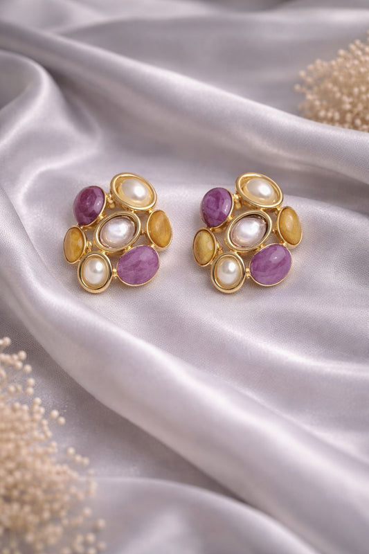 Royal Pearl & Amethyst Bloom Stud Earrings
